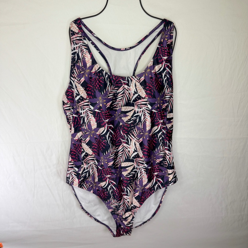 Nicole Miller Studio One Piece Swimsuit Women 3X Purple Tropical Floral Suit